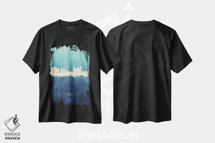 تیشرت مشکی طرح دار – تیشرت چهار فصل ,منظرهٔ اوکلند کالیفرنیا با سرمه ای و فیروزه ای اثر مایکل تامپست فروشگاه ایماژ