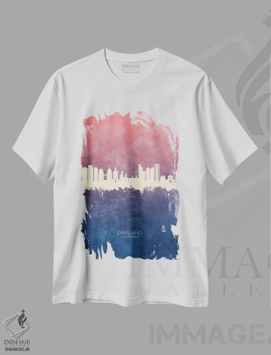 تیشرت سفید طرح دار – تیشرت هنری ,منظرهٔ اوکلند کالیفرنیا با رنگ آبی رز اثر مایکل تامپست فروشگاه ایماژ