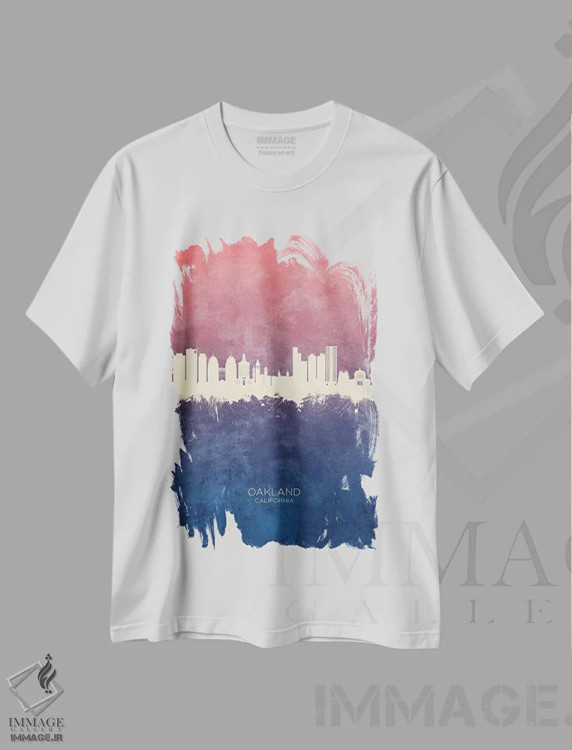 تیشرت سفید طرح دار – تیشرت هنری ,منظرهٔ اوکلند کالیفرنیا با رنگ آبی رز اثر مایکل تامپست فروشگاه ایماژ