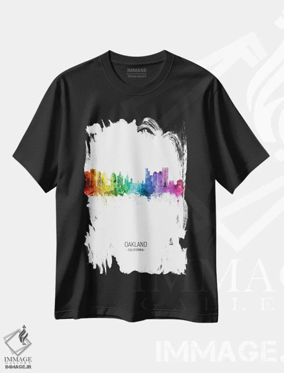 تیشرت مشکی طرح دار – تیشرت شهری ,منظرهٔ اوکلند کالیفرنیا با رنگین کمان اثر مایکل تامپست فروشگاه ایماژ