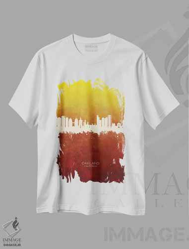 تیشرت سفید طرح دار – تیشرت شهری ,منظرهٔ اوکلند کالیفرنیا با قرمز و طلایی اثر مایکل تامپست فروشگاه ایماژ