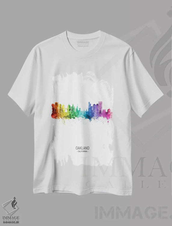 تیشرت سفید طرح دار – تیشرت شهری ,منظرهٔ اوکلند کالیفرنیا با رنگین کمان اثر مایکل تامپست immage.ir