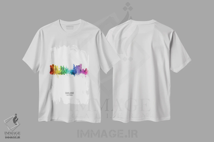 تیشرت سفید طرح دار – تیشرت شهری ,منظرهٔ اوکلند کالیفرنیا با رنگین کمان اثر مایکل تامپست immage.ir