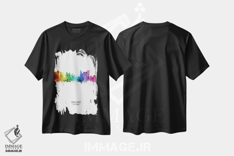 تیشرت مشکی طرح دار – تیشرت شهری ,منظرهٔ اوکلند کالیفرنیا با رنگین کمان اثر مایکل تامپست فروشگاه ایماژ