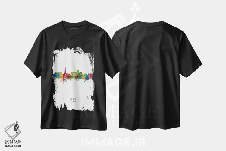 تیشرت مشکی طرح دار – تیشرت تایپوگرافی ,نمای عمودی خط افق سولیهال، انگلستان اثر مایکل تامپست immage.ir