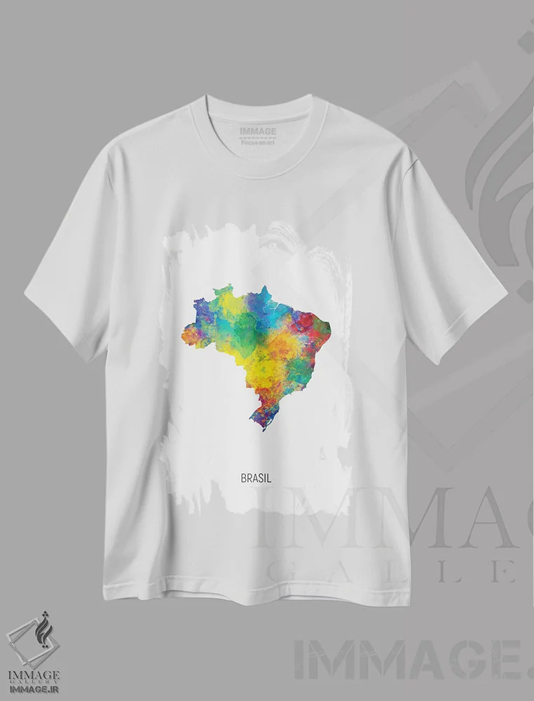 تیشرت سفید طرح دار – تیشرت ترکیبی رنگی ,نقشه برزیل اثر مایکل تامپست immage.ir