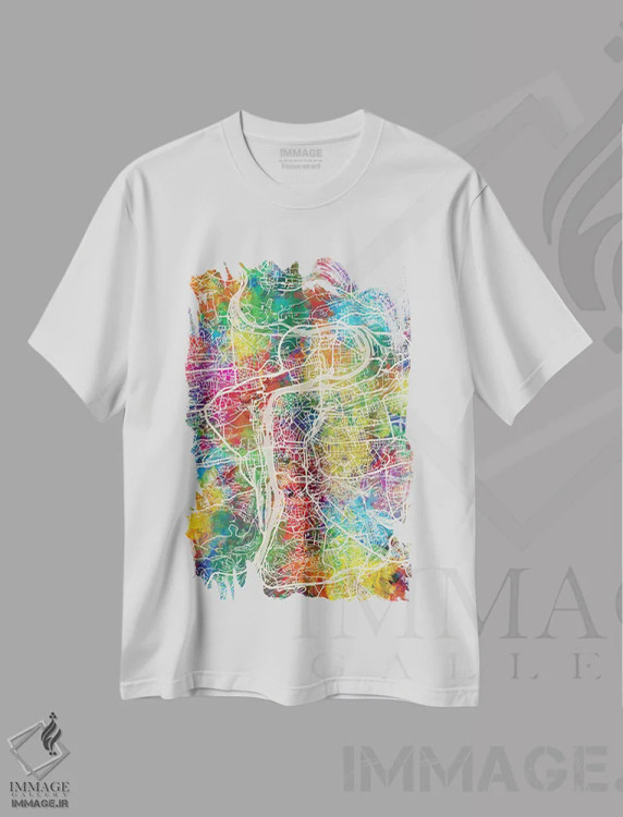 تیشرت سفید طرح دار – تیشرت هنری ,نقشه پراگ اثر مایکل تامپست immage.ir
