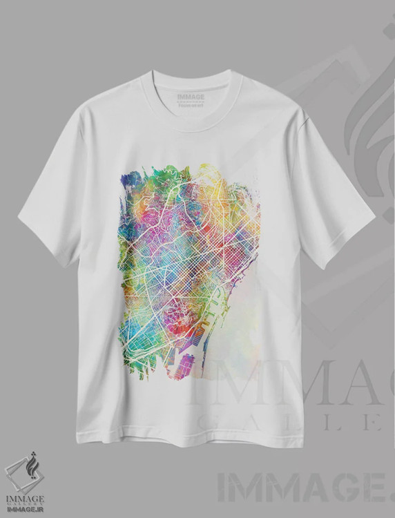 تیشرت سفید طرح دار – تیشرت گرافیکی ,نقشه بارسلونا اسپانیا اثر مایکل تامپست immage.ir