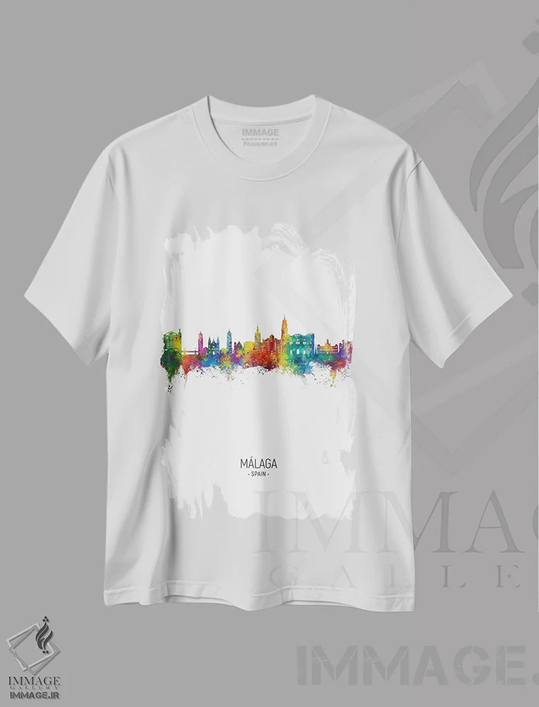 تیشرت سفید طرح دار – تیشرت گرافیکی ,نمای عمودی افق مالاگا اسپانیا اثر مایکل تامپست immage.ir