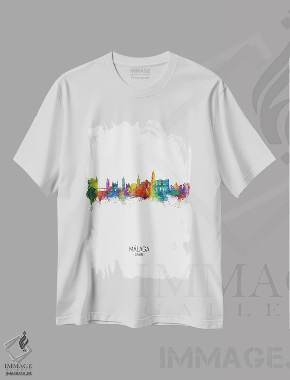 تیشرت سفید طرح دار – تیشرت گرافیکی ,نمای عمودی افق مالاگا اسپانیا اثر مایکل تامپست immage.ir