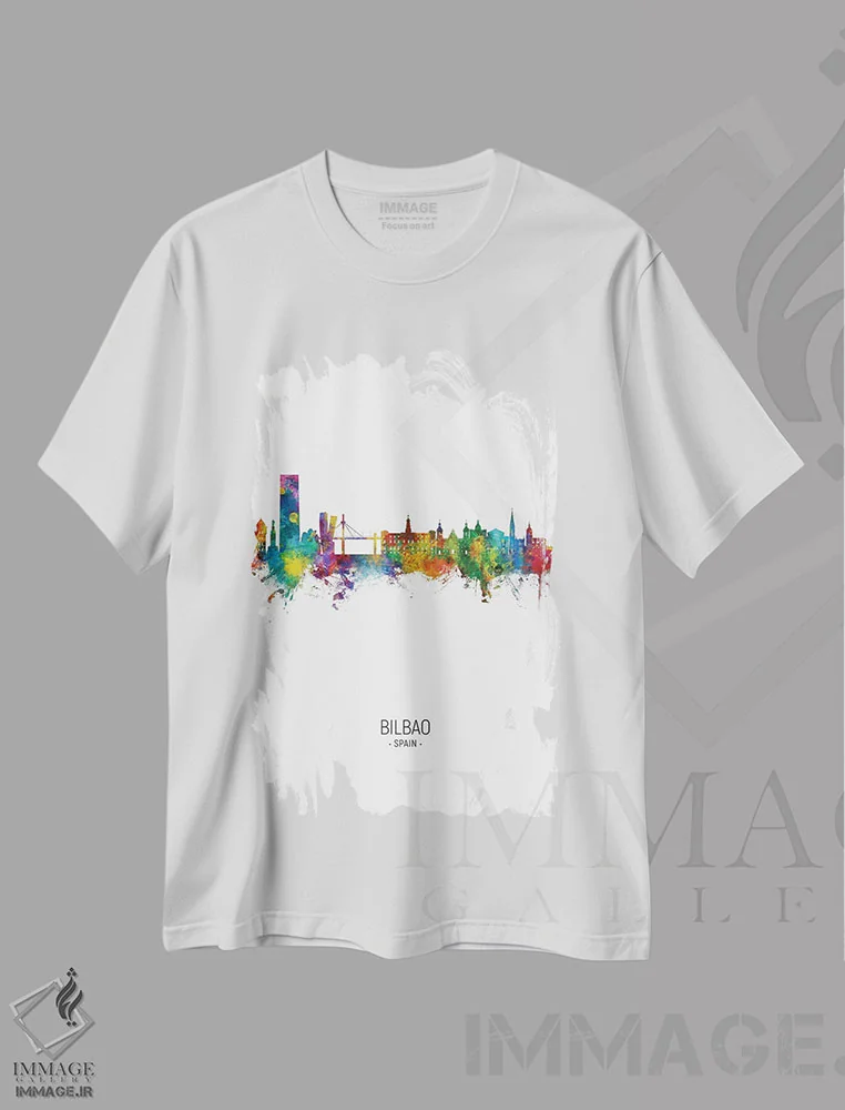 تیشرت سفید طرح دار – تیشرت هنری ,نمای عمودی افق بیلبائو اسپانیا اثر مایکل تامپست فروشگاه ایماژ
