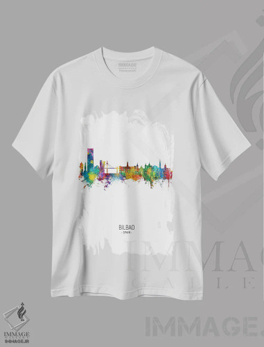 تیشرت سفید طرح دار – تیشرت هنری ,نمای عمودی افق بیلبائو اسپانیا اثر مایکل تامپست فروشگاه ایماژ