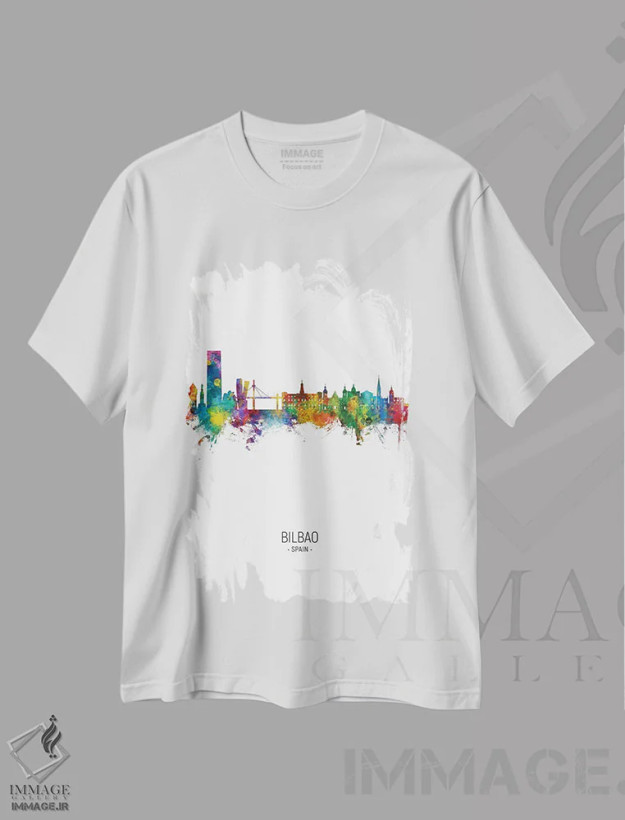تیشرت سفید طرح دار – تیشرت هنری ,نمای عمودی افق بیلبائو اسپانیا اثر مایکل تامپست فروشگاه ایماژ