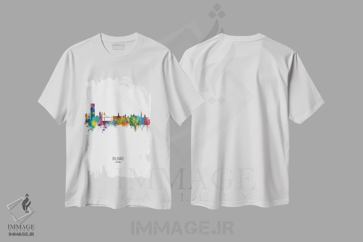 تیشرت سفید طرح دار – تیشرت هنری ,نمای عمودی افق بیلبائو اسپانیا اثر مایکل تامپست فروشگاه ایماژ