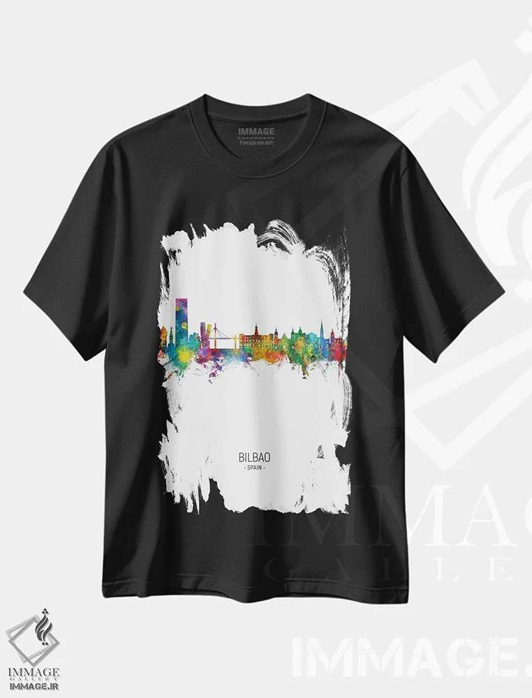 تیشرت مشکی طرح دار – تیشرت هنری ,نمای عمودی افق بیلبائو اسپانیا اثر مایکل تامپست immage.ir
