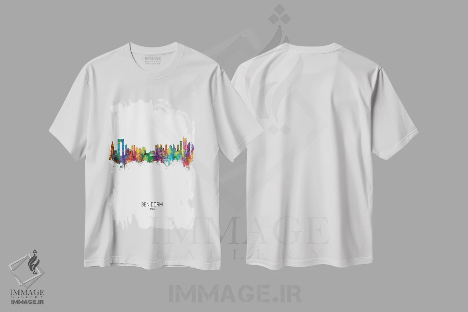 تیشرت سفید طرح دار – تیشرت شهری ,نمای عمودی افق بنیدورم اسپانیا اثر مایکل تامپست immage.ir