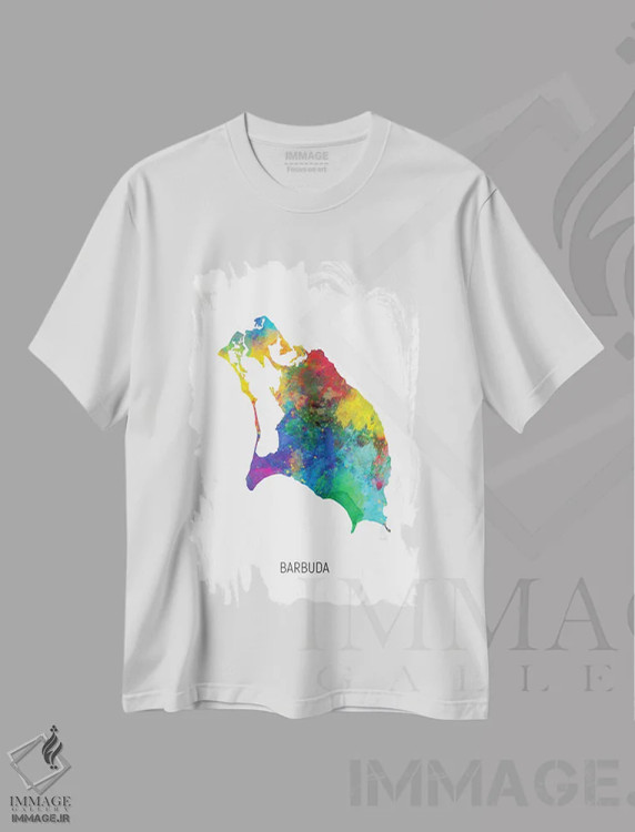 تیشرت سفید طرح دار – تیشرت ساحلی ,نقشه باربودا اثر مایکل تامپست فروشگاه ایماژ