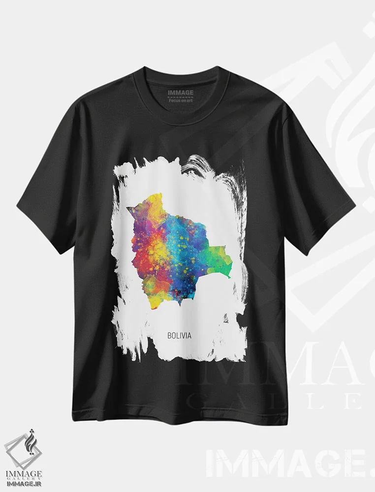 تیشرت مشکی طرح دار – تیشرت هنری ,نقشه بولیوی اثر مایکل تامپست فروشگاه ایماژ