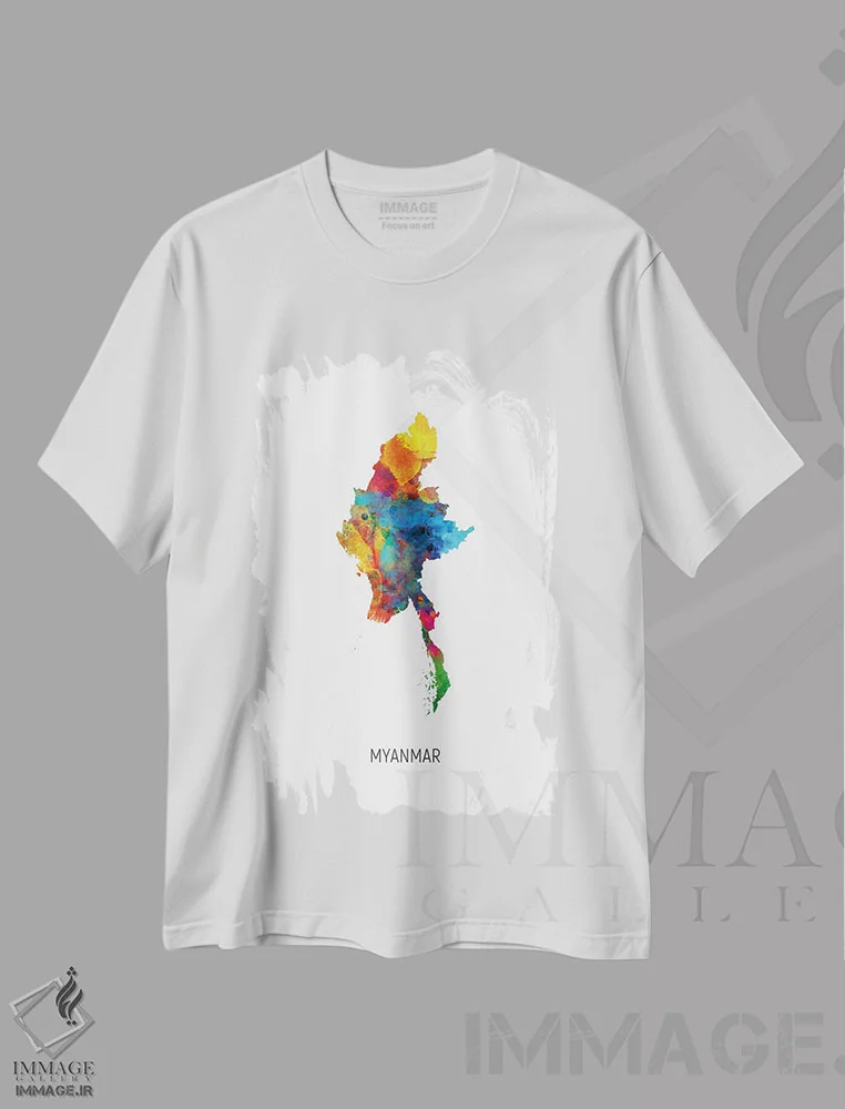 تیشرت سفید طرح دار – تیشرت طراحی کشور ,نقشه میانمار اثر مایکل تامپست immage.ir