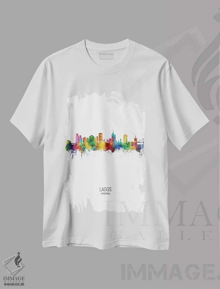 تیشرت سفید طرح دار – تیشرت شهری ,نمای عمودی از افق شهر لاگوس، نیجریه اثر مایکل تامپست immage.ir