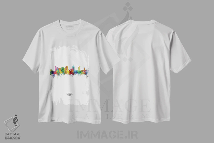 تیشرت سفید طرح دار – تیشرت شهری ,نمای عمودی از افق شهر لاگوس، نیجریه اثر مایکل تامپست immage.ir