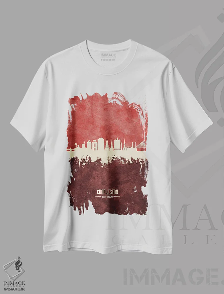 تیشرت سفید طرح دار – تیشرت شهری ,نمای افق چارلستون با رنگ زرشکی اثر مایکل تامپست immage.ir