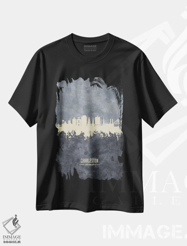 تیشرت مشکی طرح دار – تیشرت مینیمال ,نمای افق چارلستون، کارولینای جنوبی به رنگ سفید روی خاکستری اثر مایکل تامپست فروشگاه ایماژ