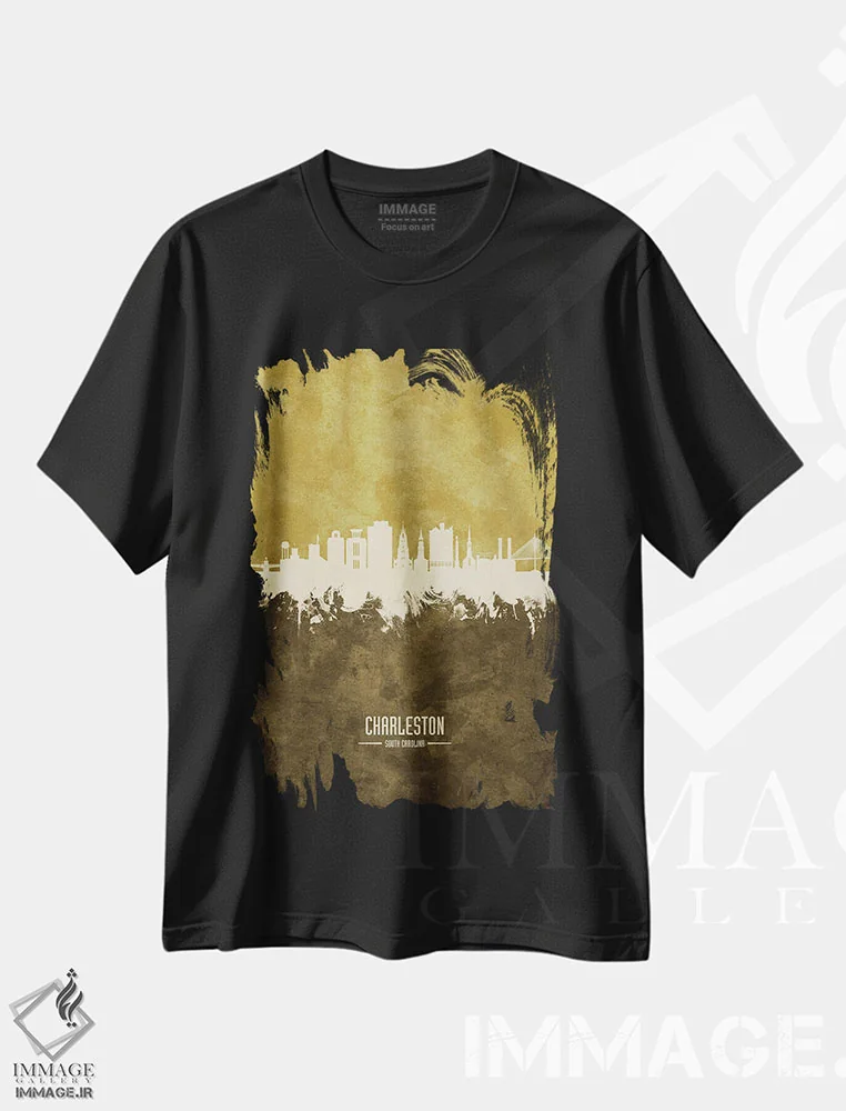 تیشرت مشکی طرح دار – تیشرت شهری ,نمای افق چارلستون، کارولینای جنوبی با رنگ اخرایی اثر مایکل تامپست immage.ir