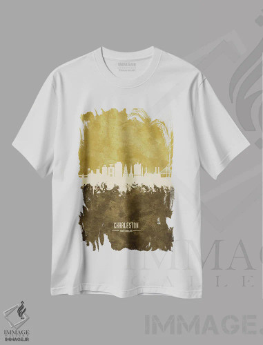 تیشرت سفید طرح دار – تیشرت شهری ,نمای افق چارلستون، کارولینای جنوبی با رنگ اخرایی اثر مایکل تامپست فروشگاه ایماژ
