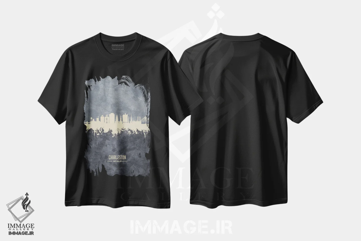 تیشرت مشکی طرح دار – تیشرت مینیمال ,نمای افق چارلستون، کارولینای جنوبی به رنگ سفید روی خاکستری اثر مایکل تامپست فروشگاه ایماژ