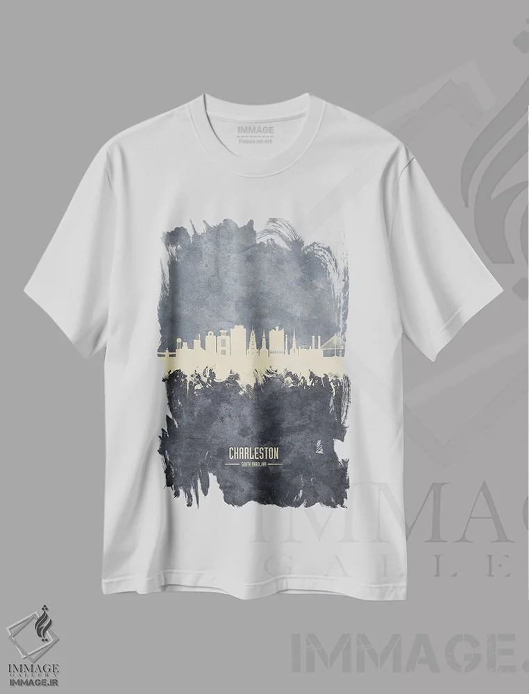 تیشرت سفید طرح دار – تیشرت مینیمال ,نمای افق چارلستون، کارولینای جنوبی به رنگ سفید روی خاکستری اثر مایکل تامپست immage.ir