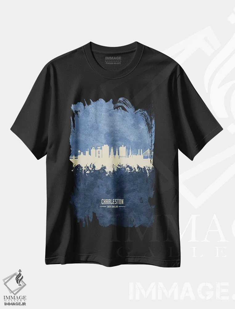 تیشرت مشکی طرح دار – تیشرت شهری ,نمای افق چارلستون، کارولینای جنوبی با رنگ سرمه ای اثر مایکل تامپست immage.ir