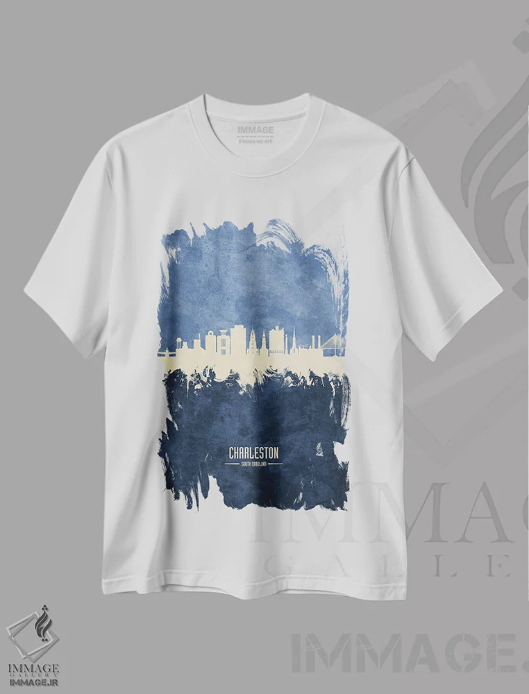 تیشرت سفید طرح دار – تیشرت شهری ,نمای افق چارلستون، کارولینای جنوبی با رنگ سرمه ای اثر مایکل تامپست فروشگاه ایماژ