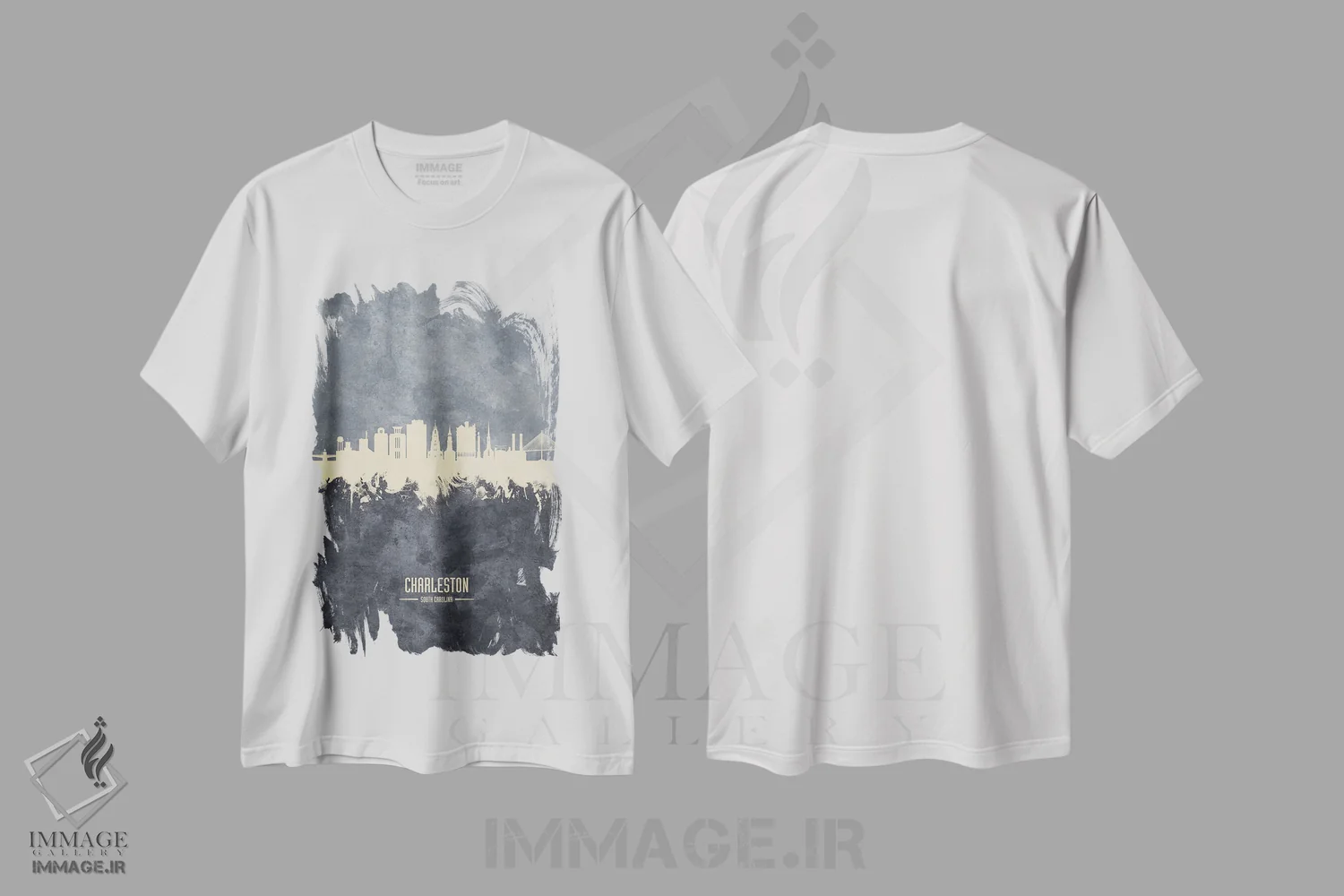 تیشرت سفید طرح دار – تیشرت مینیمال ,نمای افق چارلستون، کارولینای جنوبی به رنگ سفید روی خاکستری اثر مایکل تامپست immage.ir