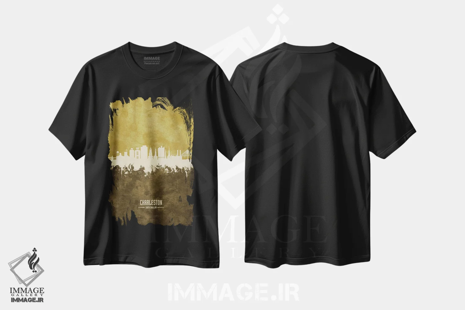 تیشرت مشکی طرح دار – تیشرت شهری ,نمای افق چارلستون، کارولینای جنوبی با رنگ اخرایی اثر مایکل تامپست immage.ir