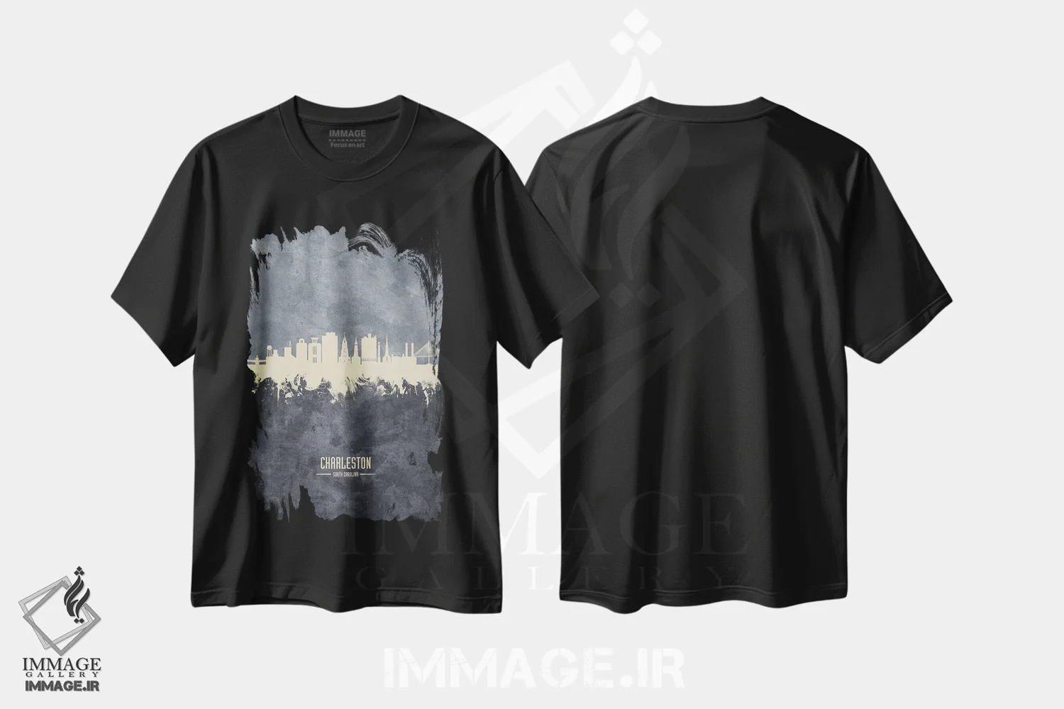 تیشرت مشکی طرح دار – تیشرت مینیمال ,نمای افق چارلستون، کارولینای جنوبی به رنگ سفید روی خاکستری اثر مایکل تامپست فروشگاه ایماژ