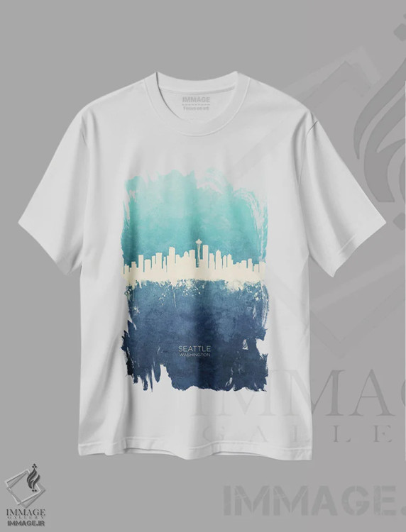 تیشرت سفید طرح دار – تیشرت شهری ,نمای افق سیاتل، واشنگتن با رنگ سرمه ای و فیروزه ای اثر مایکل تامپست immage.ir
