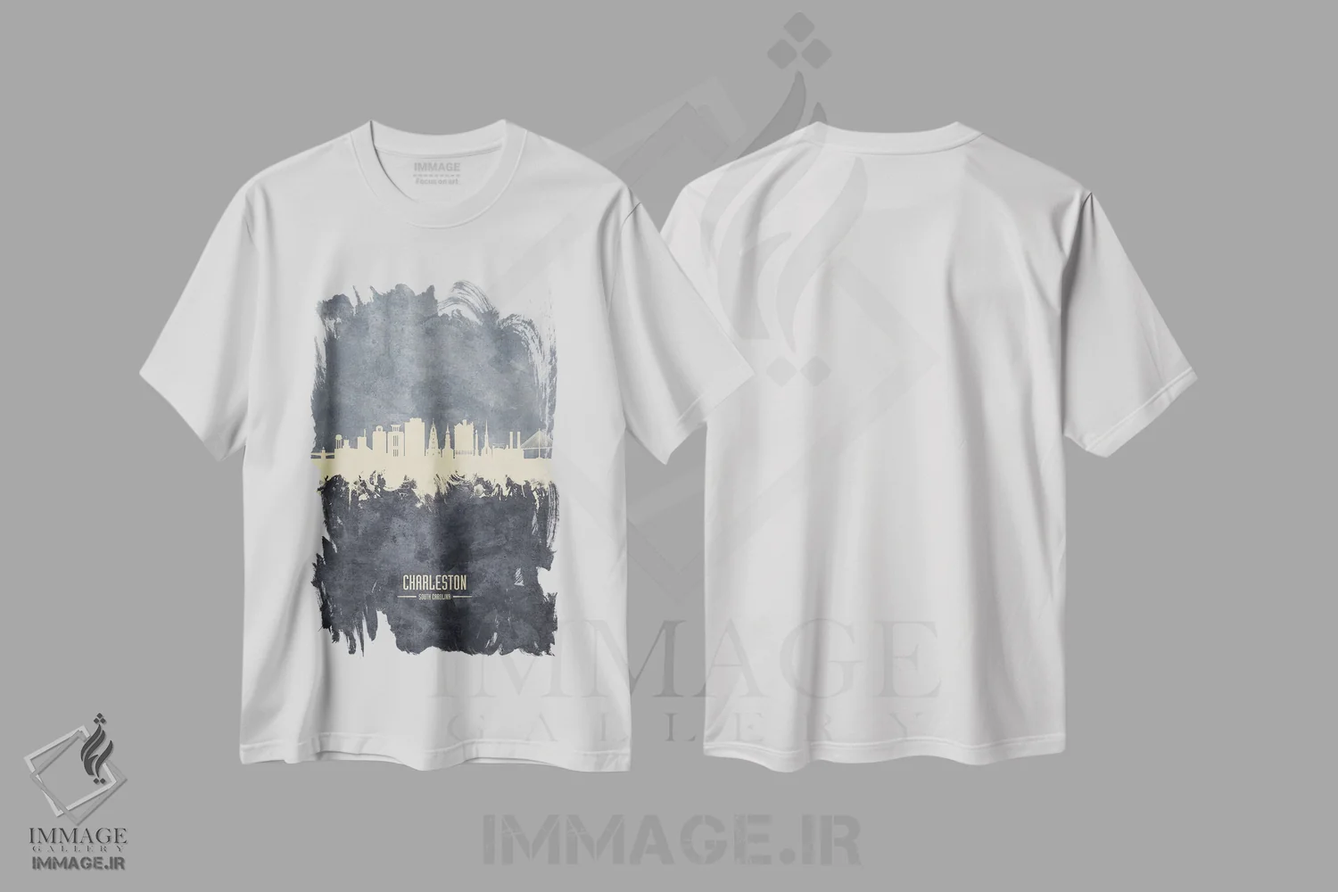 تیشرت سفید طرح دار – تیشرت مینیمال ,نمای افق چارلستون، کارولینای جنوبی به رنگ سفید روی خاکستری اثر مایکل تامپست immage.ir