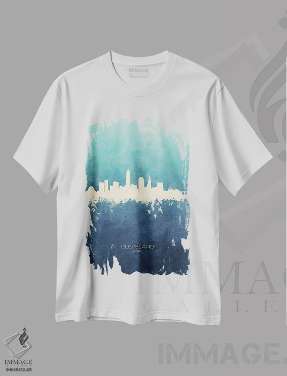 تیشرت سفید طرح دار – تیشرت مینیمال ,نمای افق کلیولند، اوهایو با رنگ سرمه ای و فیروزه ای اثر مایکل تامپست immage.ir