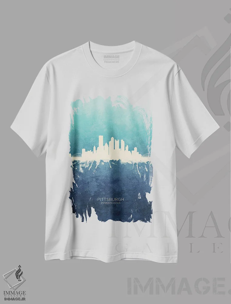 تیشرت سفید طرح دار – تیشرت شهری ,نمای افق پیتسبورگ با رنگ سرمه ای و فیروزه ای اثر مایکل تامپست immage.ir