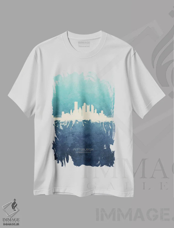 تیشرت سفید طرح دار – تیشرت شهری ,نمای افق پیتسبورگ با رنگ سرمه ای و فیروزه ای اثر مایکل تامپست immage.ir