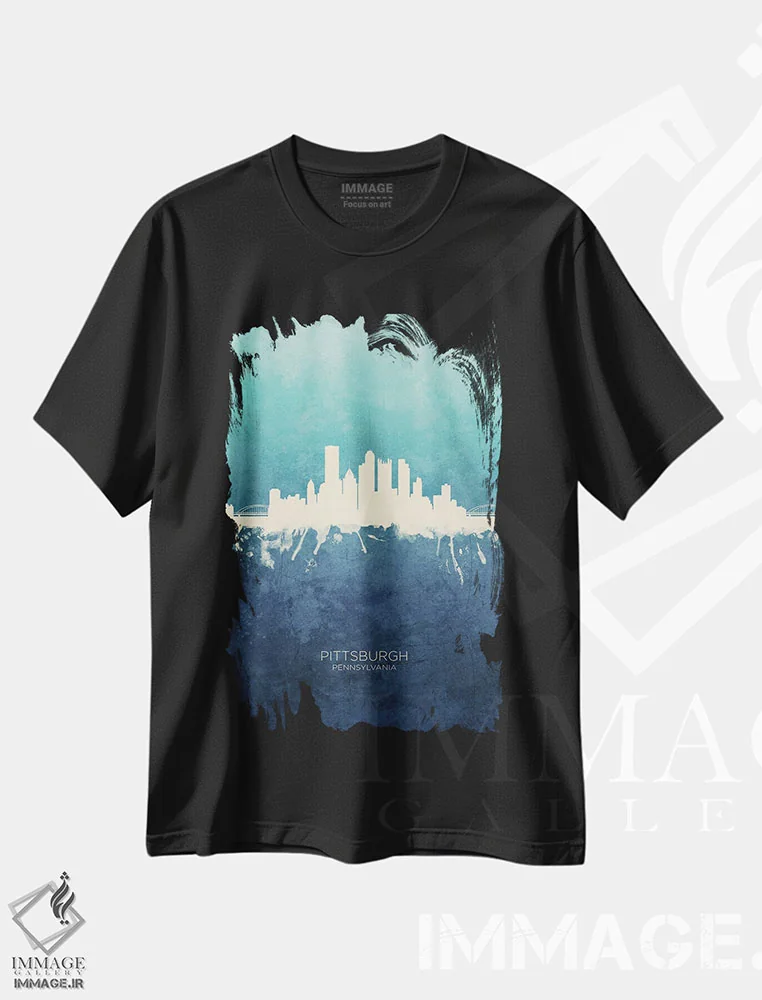 تیشرت مشکی طرح دار – تیشرت شهری ,نمای افق پیتسبورگ با رنگ سرمه ای و فیروزه ای اثر مایکل تامپست فروشگاه ایماژ