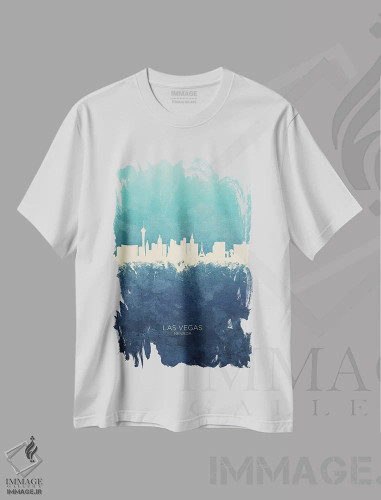 تیشرت سفید طرح دار – تیشرت شهری ,نمای افق لاس وگاس، نوادا با رنگ سرمه ای و فیروزه ای اثر مایکل تامپست فروشگاه ایماژ