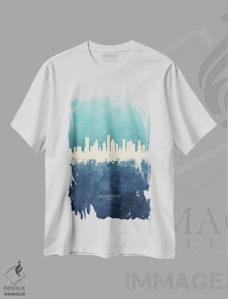 تیشرت سفید طرح دار – تیشرت گرافیکی ,نمای افق هیوستون، تگزاس با رنگ سرمه ای و فیروزه ای اثر مایکل تامپست فروشگاه ایماژ