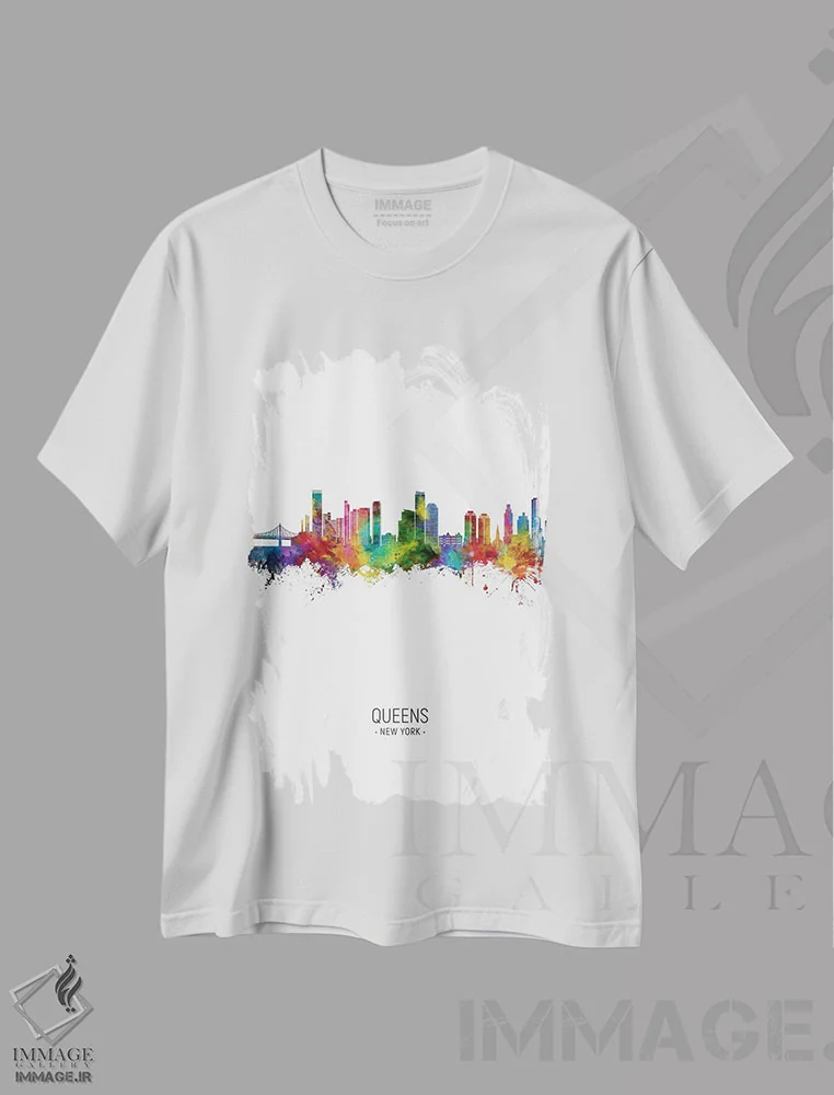 تیشرت سفید طرح دار – تیشرت شهری ,نمای پرترهٔ خط افق کویینز نیویورک اثر مایکل تامپست فروشگاه ایماژ