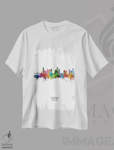 تیشرت سفید طرح دار – تیشرت شهری ,نمای پرترهٔ خط افق کویینز نیویورک اثر مایکل تامپست فروشگاه ایماژ