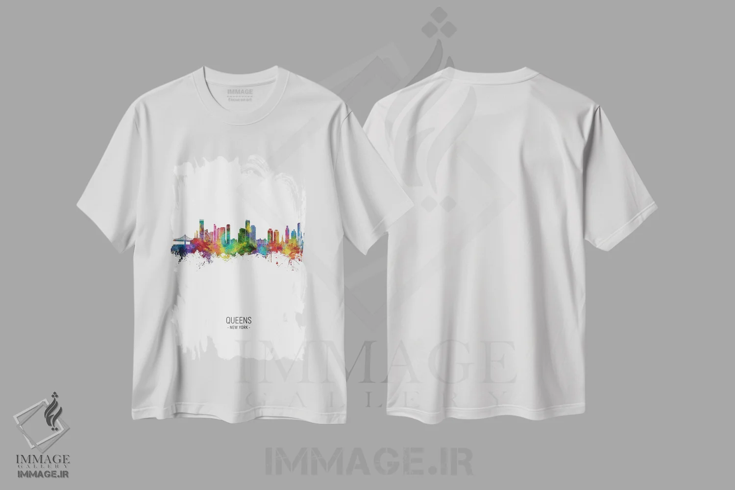 تیشرت سفید طرح دار – تیشرت شهری ,نمای پرترهٔ خط افق کویینز نیویورک اثر مایکل تامپست فروشگاه ایماژ