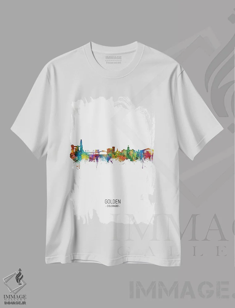 تیشرت سفید طرح دار – تیشرت منظره شهری ,نمای پرترهٔ خط افق گولدن کلرادو اثر مایکل تامپست immage.ir