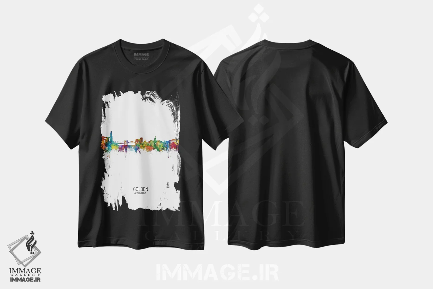 تیشرت مشکی طرح دار – تیشرت منظره شهری ,نمای پرترهٔ خط افق گولدن کلرادو اثر مایکل تامپست فروشگاه ایماژ
