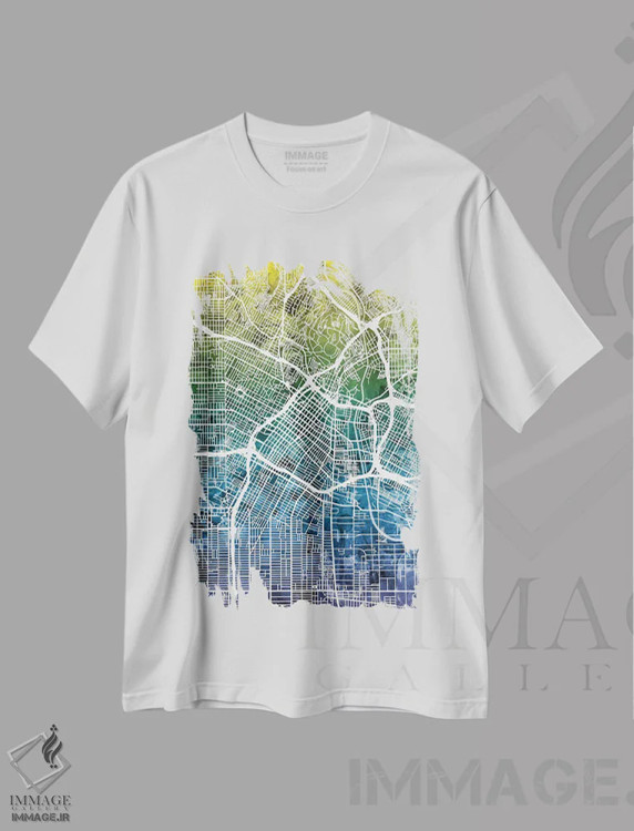 تیشرت سفید طرح دار – تیشرت هنری آبستره ,California, USA,نقشه شیب رنگ لس آنجلس، کالیفرنیا، آمریکا اثر مایکل تامپست فروشگاه ایماژ